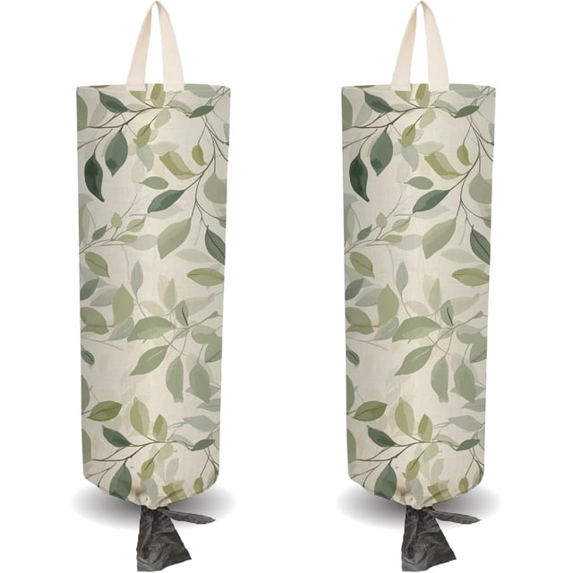 2 soportes de plástico para bolsas de supermercado con hojas verdes y 4 ganchos, reutilizables, para montaje en pared, resistentes, de lona, impermeables, lavables, organizador dispensador.