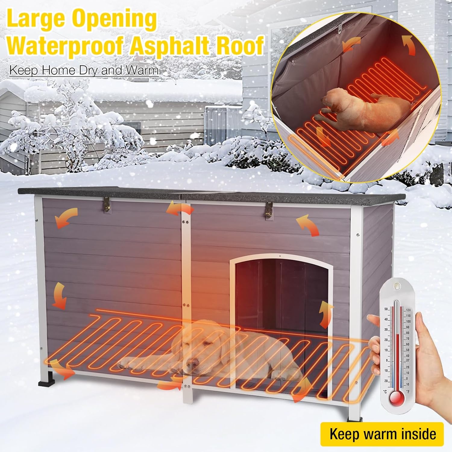 MEDEHOO Outdoor Heated Dog House 59" Extra Large Insulated Dog Kennel with Insulation Liner & Heating System for Winter,All-Around Iron Frame Cage,Grey