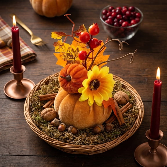 Racsoh Velvet Pumpkin Floral Arrangement, Artificial Maple Leaf Sunflower Table Decor, Fall Harvest Ornament, for Thanksgiving Halloween Home Decor