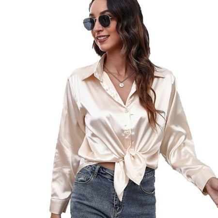 

Women s Satin Imitation Silk Long Sleeve Button Down Shirt Formal Work Blouse Top - Champagne champagne size，G162050