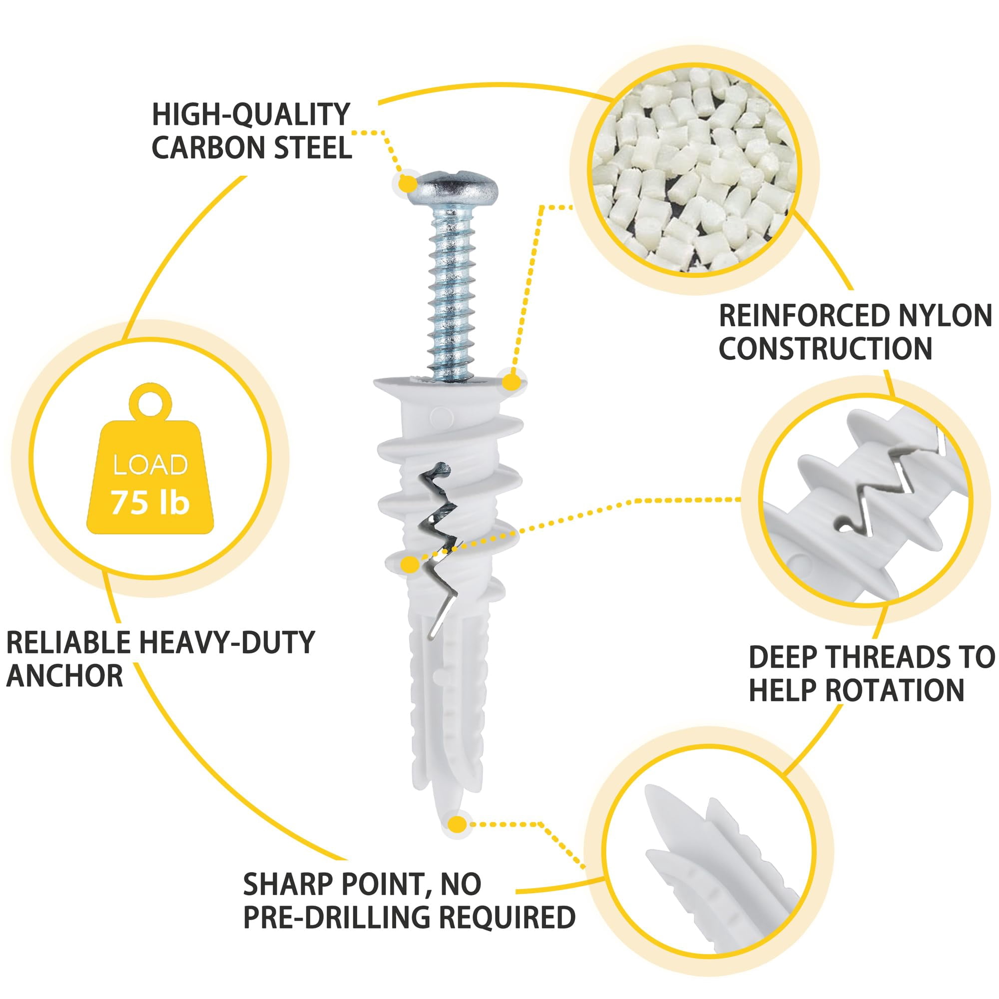 60PCS Self Drilling Drywall Anchors and #8 Screws, Wall Anchors for Drywall Heavy Duty Holds Upto 75LB, No Pre Drill Hole Required, Dry Wall Screws and Anchors Kit