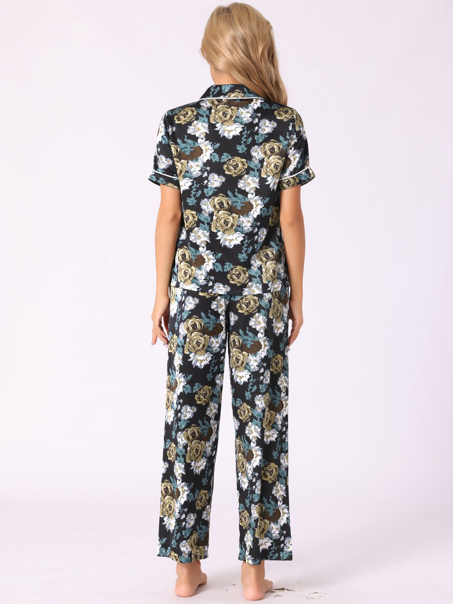 DARING DIVA Women's Silk Short Sleeves Floral Satin Pajama Sets XL Black Flowers
