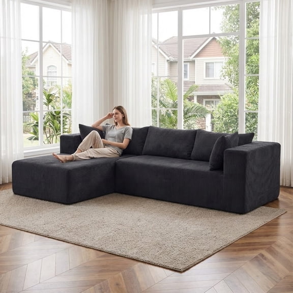 105" Modern Sectional Sofa with Left Chaise, L-Shape Black Corduroy Boneless Cloud Couch with Deep Seat, No Assembly Required