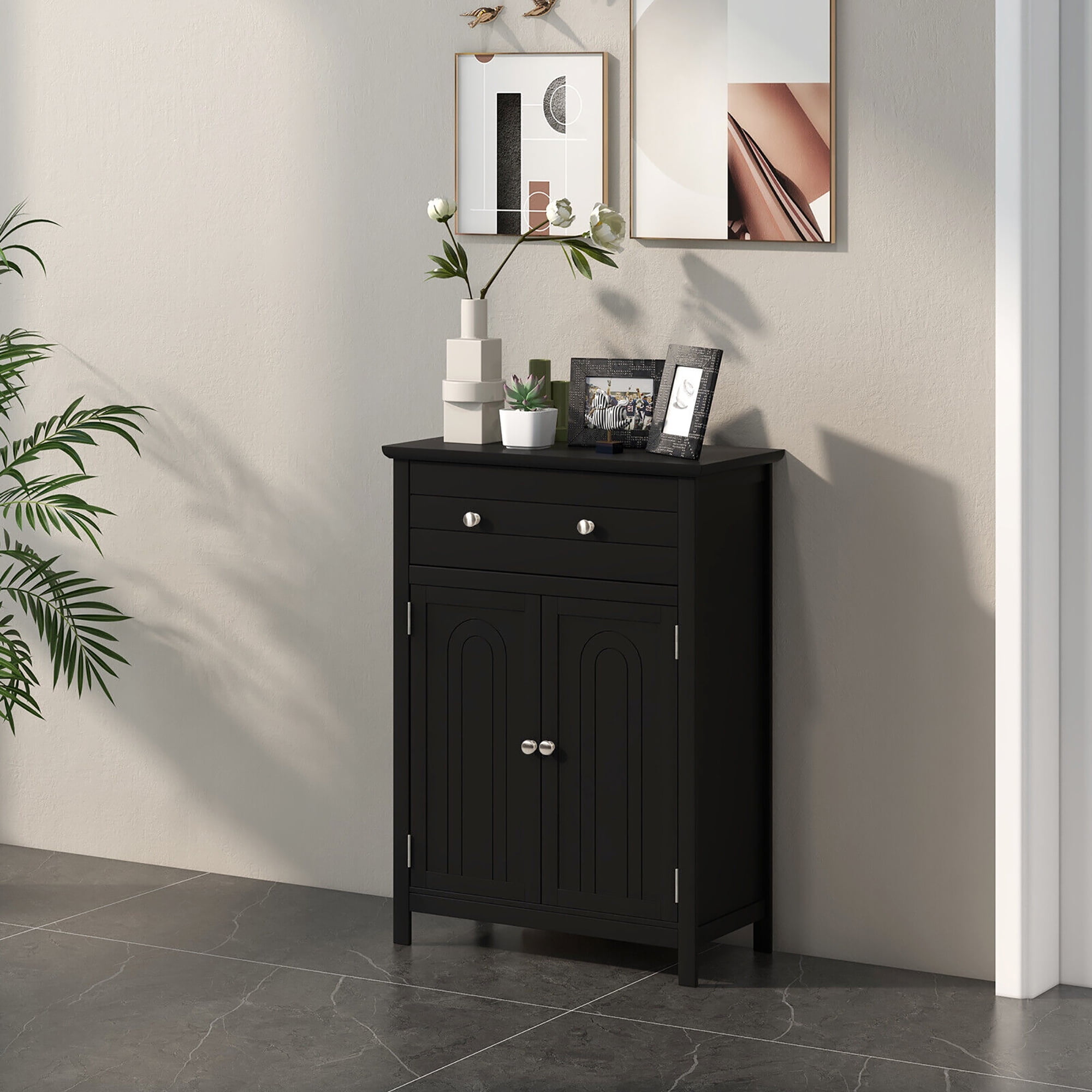 Gymax Bathroom Floor Cabinet Wooden Storage Organizer with Drawer & Doors Blcak