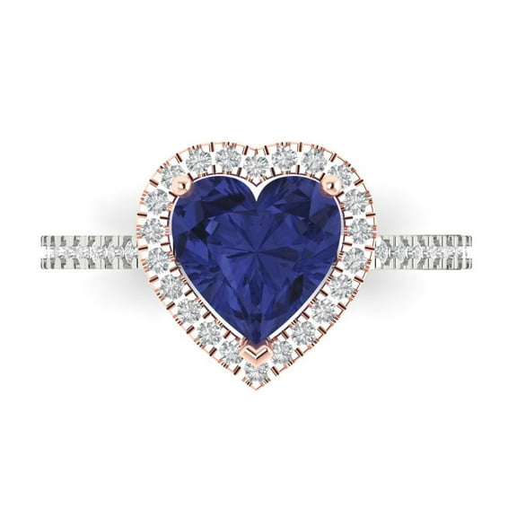 Halo Engagement Ring for Women - 2.285ct Simulated Tanzanite in 18K White/Rose Gold Promise Ring