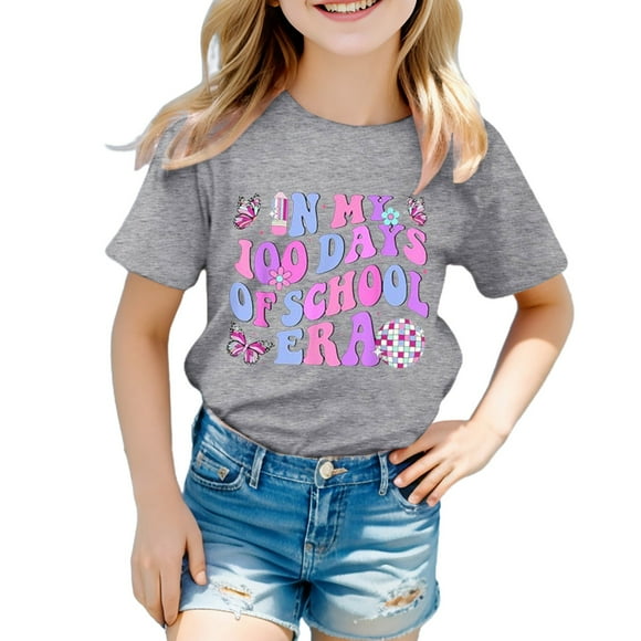 Tshirts for Toddler Girls Kids Baby Summer Short Sleeve Round Neck Letter Print Gift Beach Kid Tee Girl Leisure Top 3-4 T