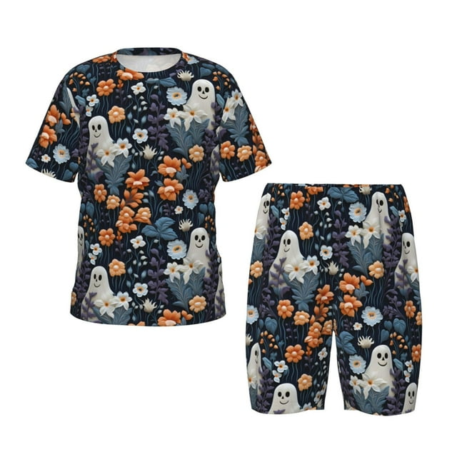 Fotbe Cute ghost in the flowers Pijama Estampada de 2 Piezas para Niños – Ropa de Dormir de Manga Corta Cómoda para Niños y Niñas, Camiseta y Shorts de Algodón-X-Large