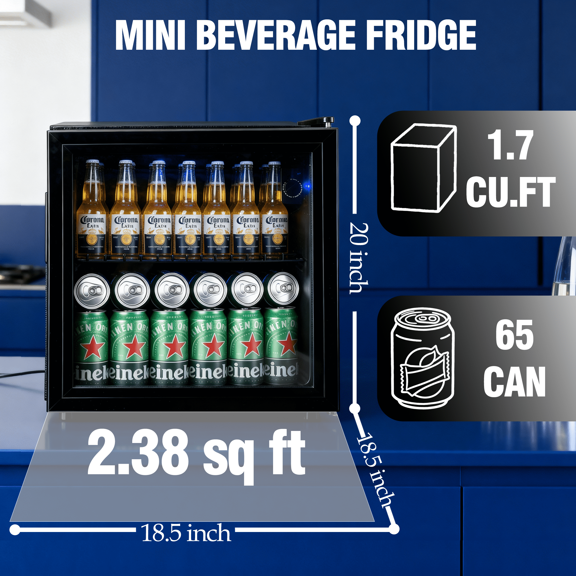 CALLIEVER 1.7 Cu. ft Mini Fridge,62 Can Mini Beverage,Refrigerator Cooler,Mini Fridge with Glass Door,Stainless Steel Look,Black
