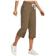 Mrat Capris Pants for Women Elastic Waist Cotton Linen Straight Wide Leg Drawstring Trousers Wide Leg Loose Jogger Running Workout Hiking Cropped Pants Trousers with Pockets Brown_AA L