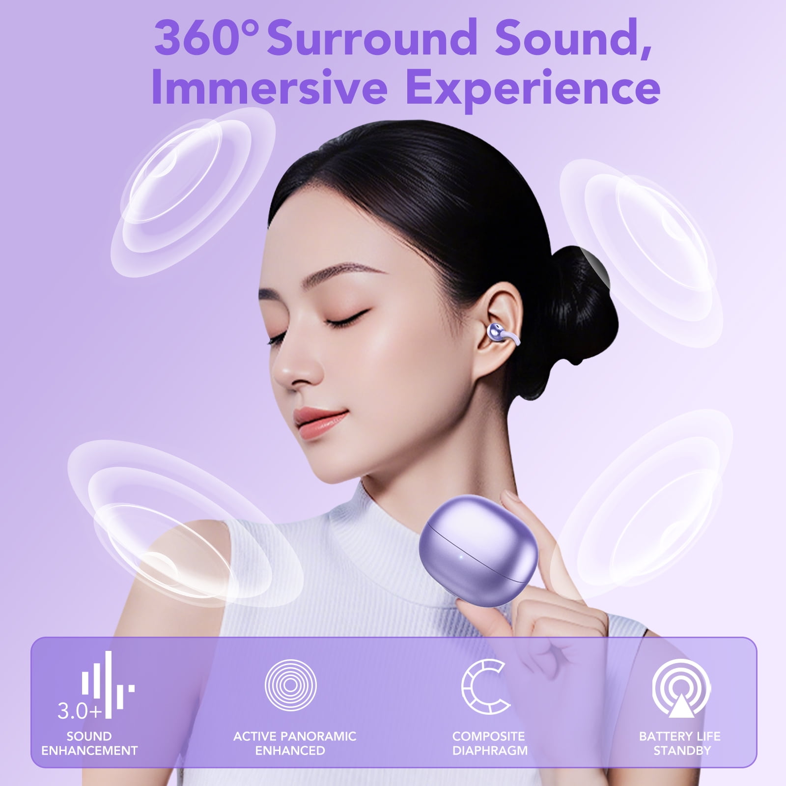 Open Ear Earbuds, Bluetooth Headphones 6.0, Lightweight Comfort Open Ear Clip Wireless Earbuds, 50H Playtime, ENC Clear Calls, Deep Bass, IPX7 Waterproof, Design Fit Running/Workout(Purple)