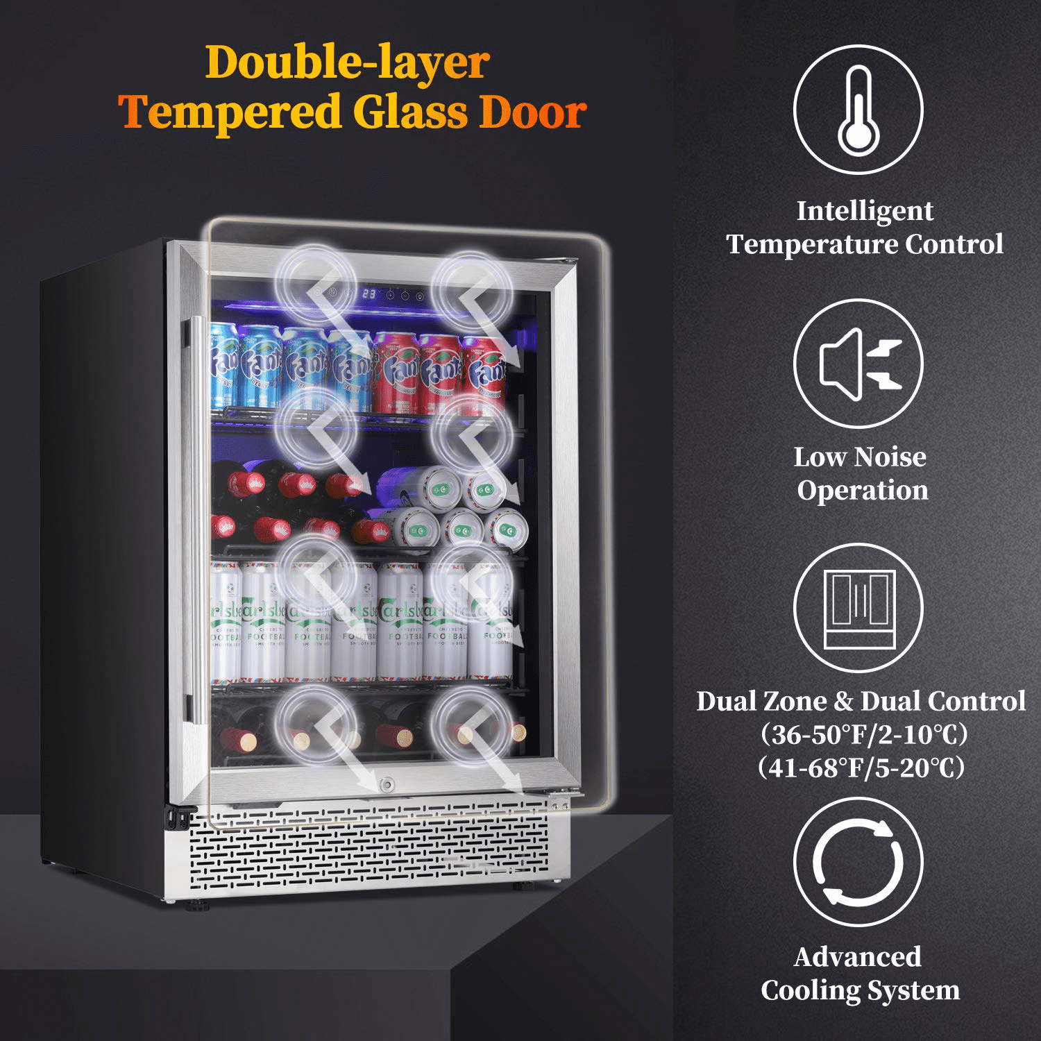 24”Wine Cooler Cabinet Built-in or Freestanding, Beverage Refrigerator with Stainless Steel Glass Door, Removable Wire Racks, Digital Memory Temperature Control, and Safety Lock