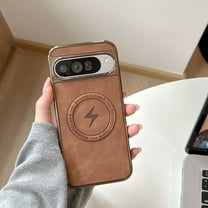 for Google Pixel 8 Pro Magnetic Case with PU Leather Back & Plated Frame, Compatible with MagSafe, Fashion Ultra Slim Lightweight Drop Protective Phone Case Cover for Men and Women, Brown