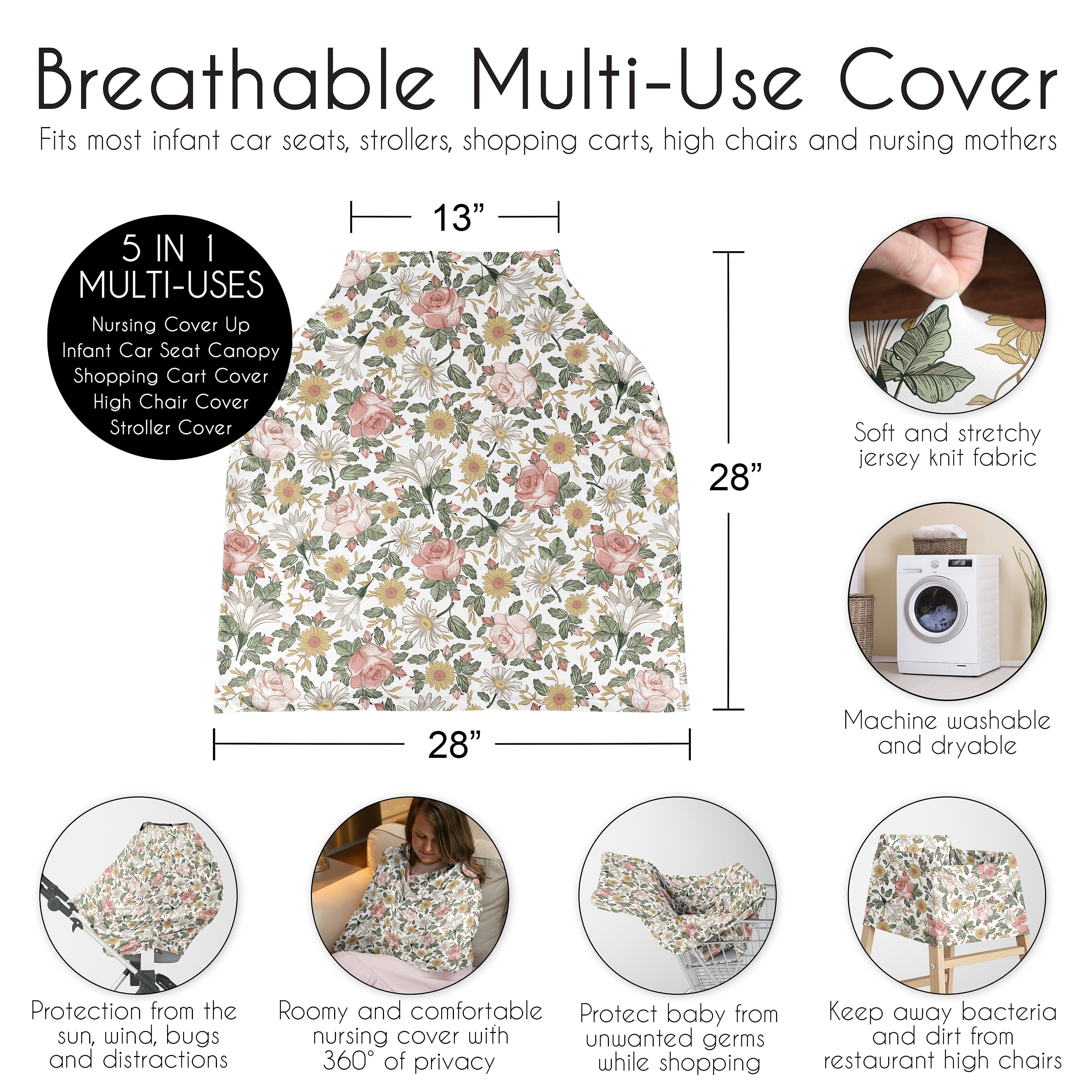 Sweet Jojo Designs Vintage Floral Pink Green and Yellow Multi Use Baby Car Seat and Nursing Cover