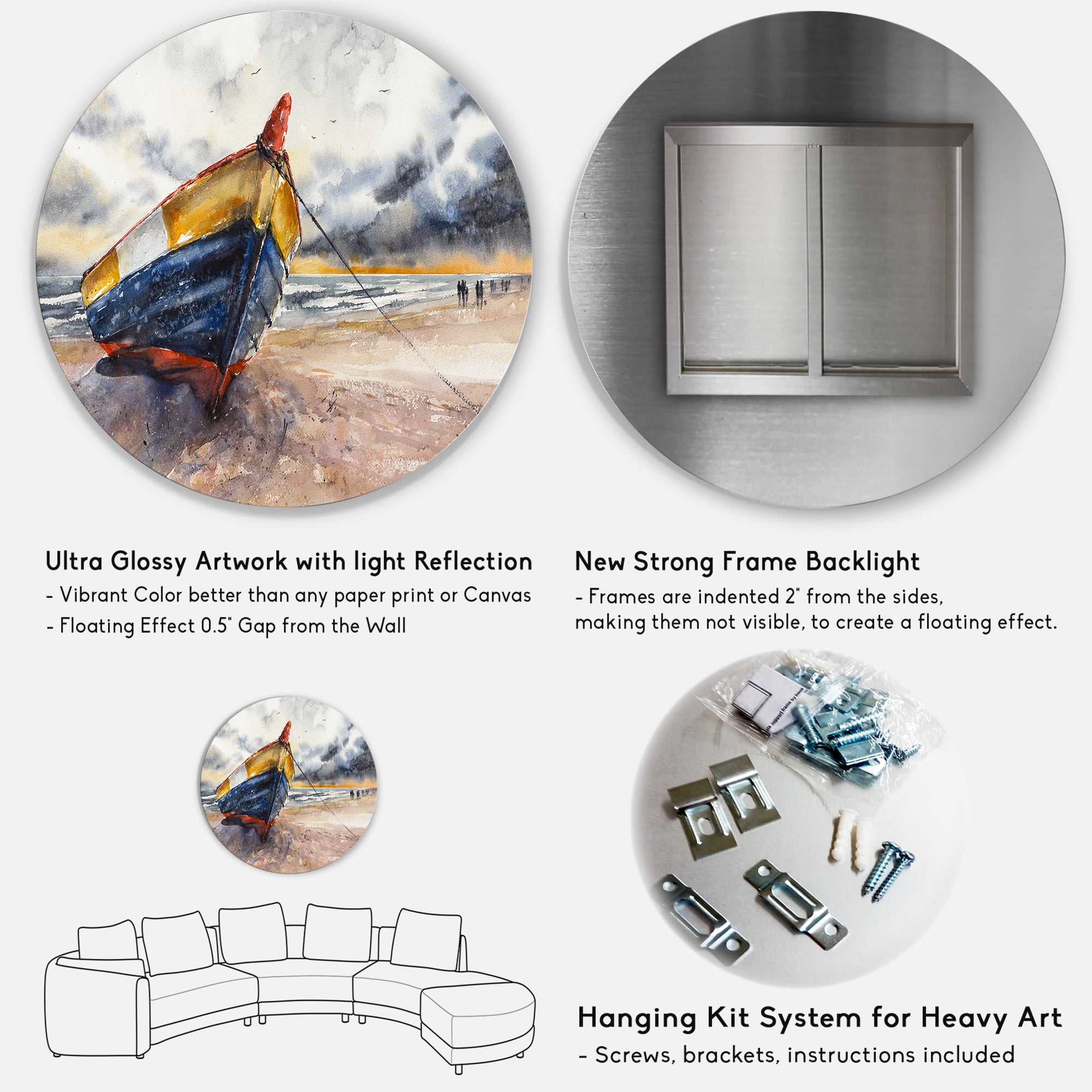 Designart 'Wooden Boat On The Baltic Shores At Evening Glow' Nautical & Coastal Circle Metal Wall Art 11x11 - Disc of 11