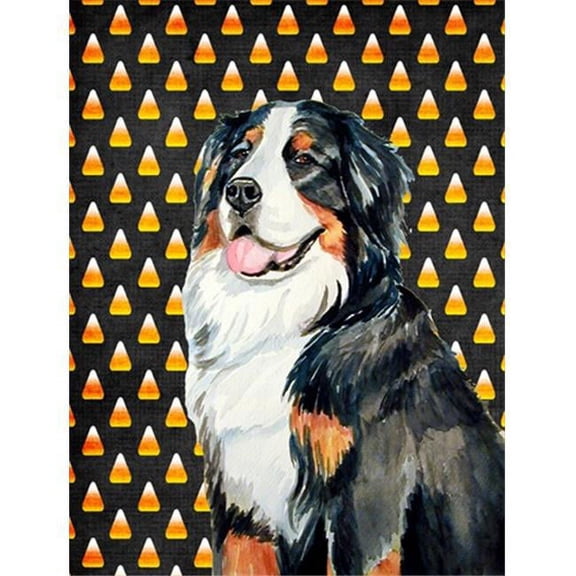 28 x 40 in. Bernese Mountain Dog Candy Corn Halloween Portrait House Size Canvas Flag