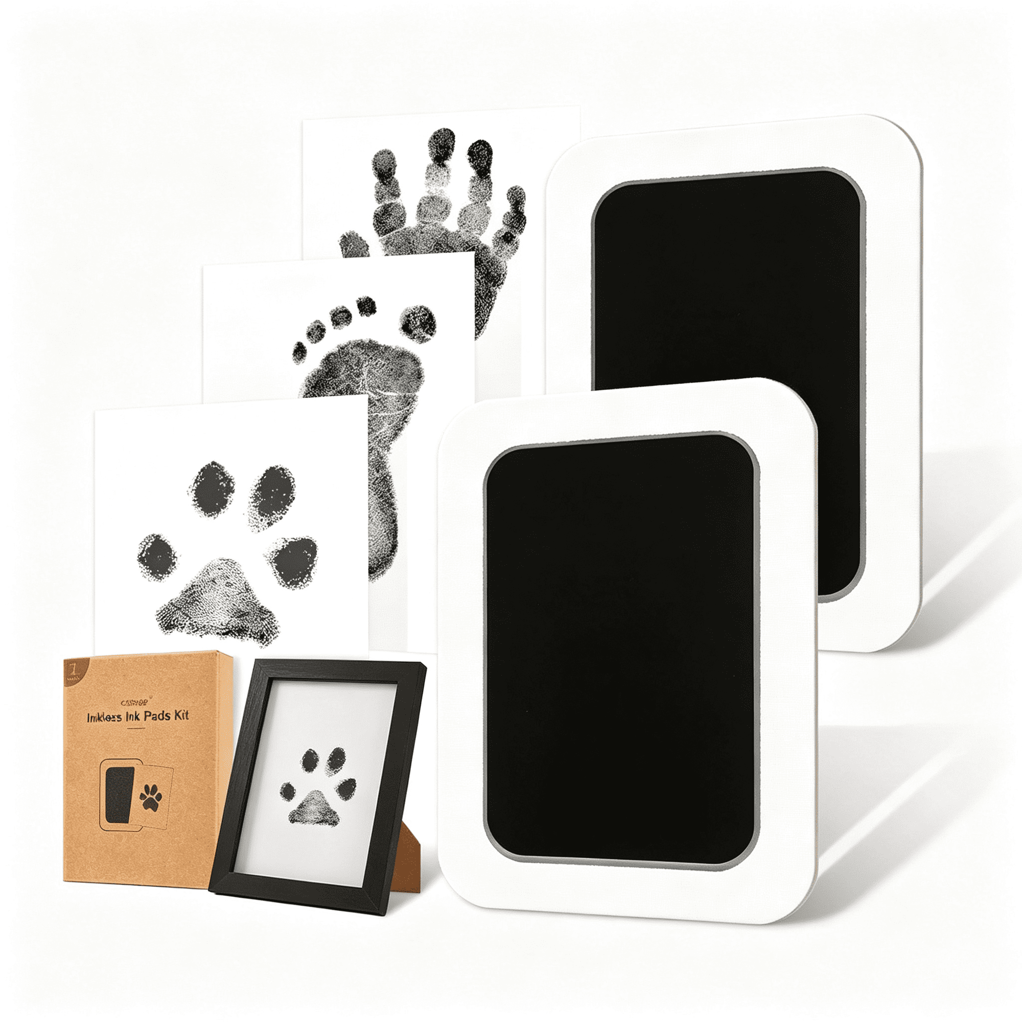 BPPEG Inkless Paw Print Kit for Dogs Cats&Babies Clean Touch Dog Nose|Baby Handprint Kit Mess Free Dog Paw Print Kit 4-Pcs Ink Pads&2 Wooden Frames Keepsake Gifts for Pet Lovers New Moms