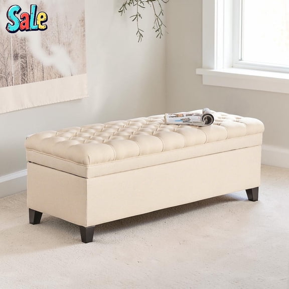 GZXS Flip-Top Storage Bench, 50" Upholstered Fabric Ottoman with Spacious Hidden Storage, Multi-Functional Footrest and Extra Seating for Living Room, Bedroom, or Entryway (Beige)