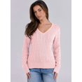 thumbnail image 5 of Women Long Sleeve Cable Knit Sweater Fall Fashion V Neck Fitted Pullover Business Casual Fall Outfits Pink S, 5 of 8