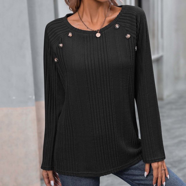 lcziwo Womens Blouses Trendy Ribbed Knit Button Sweaters Loose Fit Long Sleeve Crewneck Pullover 2024 Fall Solid Color Basic Tee Shirts Black,M