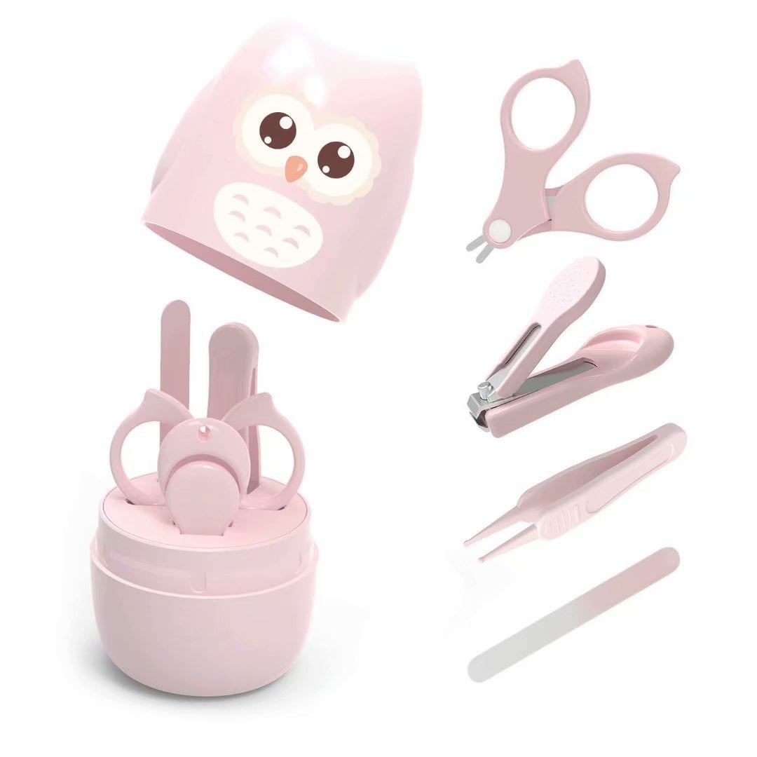 Baby Nail Kit, 4-in-1 Baby Nail Care Set with Cute Case, Baby Nail Clipper, Scissors, Nail File & Tweezers, Baby Manicure Kit and Pedicure kit for Newborn, Infant, Toddler, Kids-Owl Pink