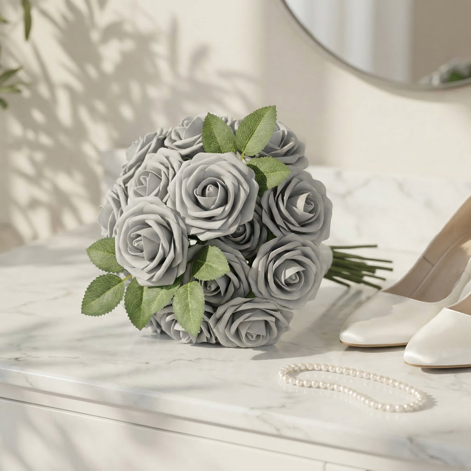 Unique Bargains Artificial Detachable Rose Silk Flower Grey 7.1"