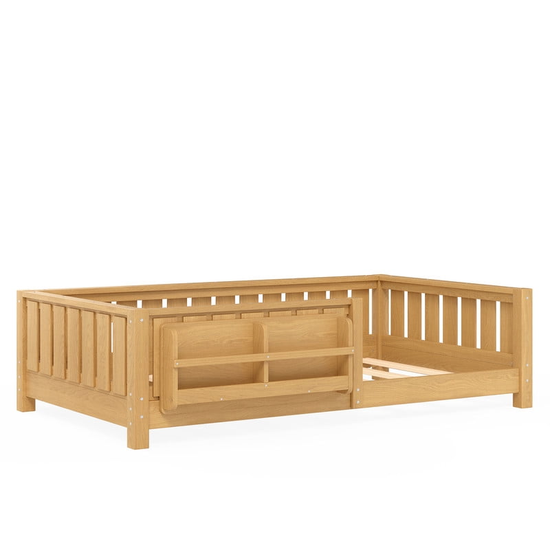 URTR Twin Size Montessori Floor Bed with Storage Bookshelf and High-Quality Safety Guardrail, Wooden Twin Floor Bed Frame, Low Profile Twin Bed with Fence and Headboard, Light Natural
