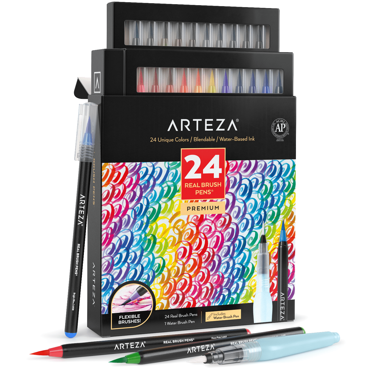100% Nontoxic 96 Paint Markers with Flexible Brush Tips Coloring with Water Brush Arteza Real Brush Pens Drawing Professional Watercolor Pens for Painting 