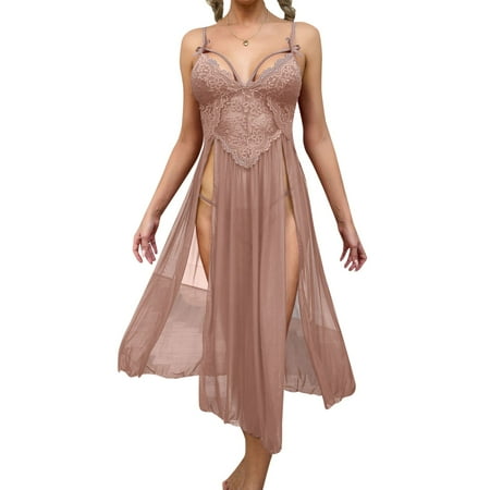 

Womens Nightgown Large Size Mesh Deep V Lace Side Slit Suspender Skirt Lengthened Clothes Suit 413 Night Dress Beige L