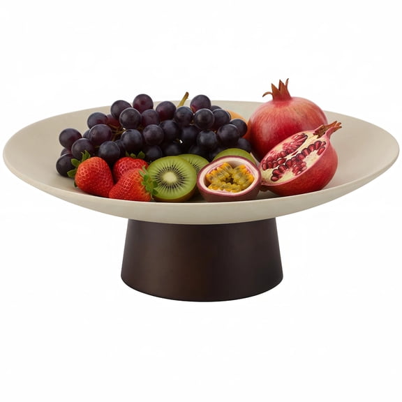 Modern Ceramic Pedestal Fruit Bowl, Shallow Serving Bowl with Wooden Base, Elevated Decorative Fruit Tray for Kitchen Counter Table Dining