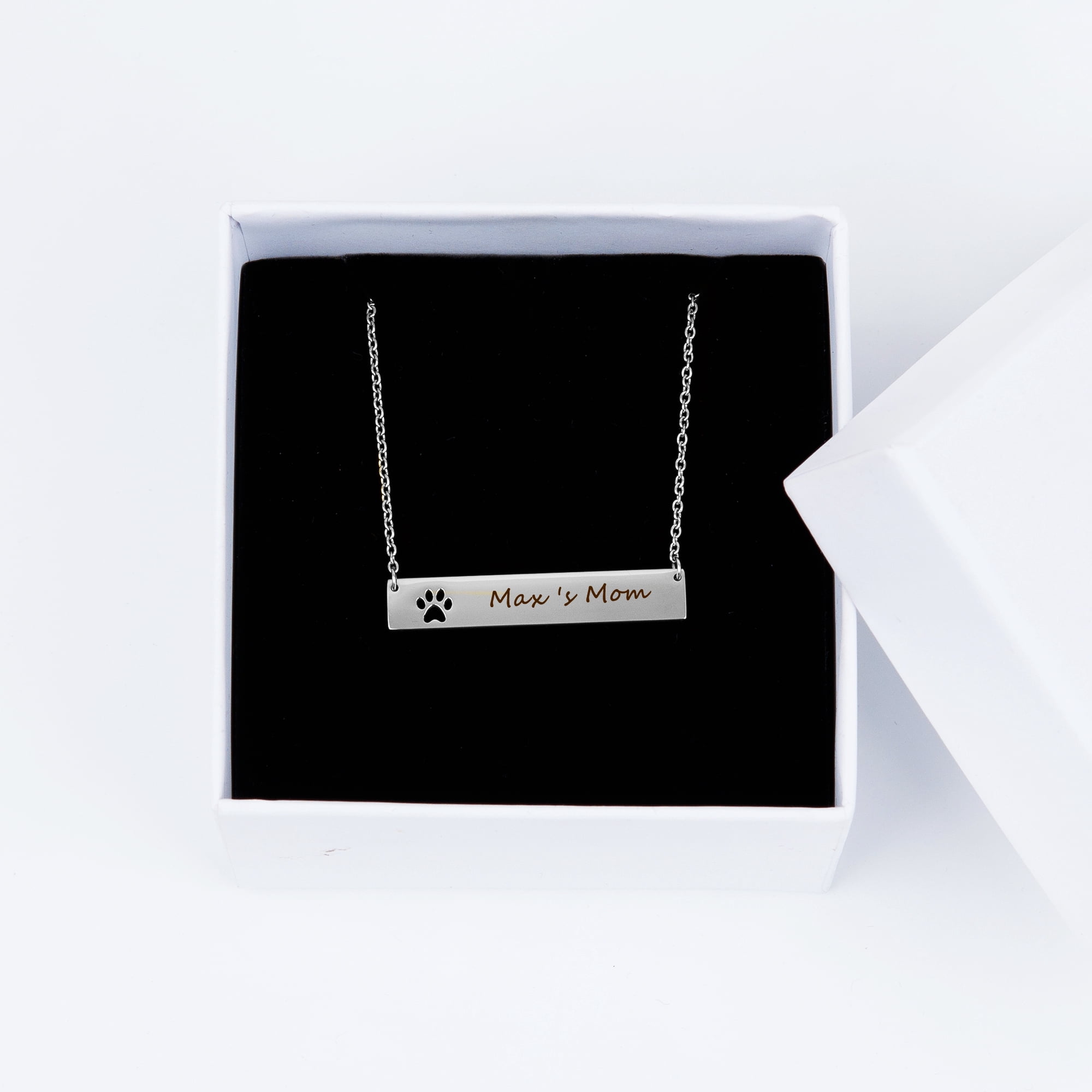 Anavia Personalized Name Necklace Custom Bar Jewelry Gift for Her Paw Print Cut Out Bar Necklace Stainless Steel Custom Made Engravable Pet Dog Name Jewelry Free Gift Box Ships Next Day [Silver]