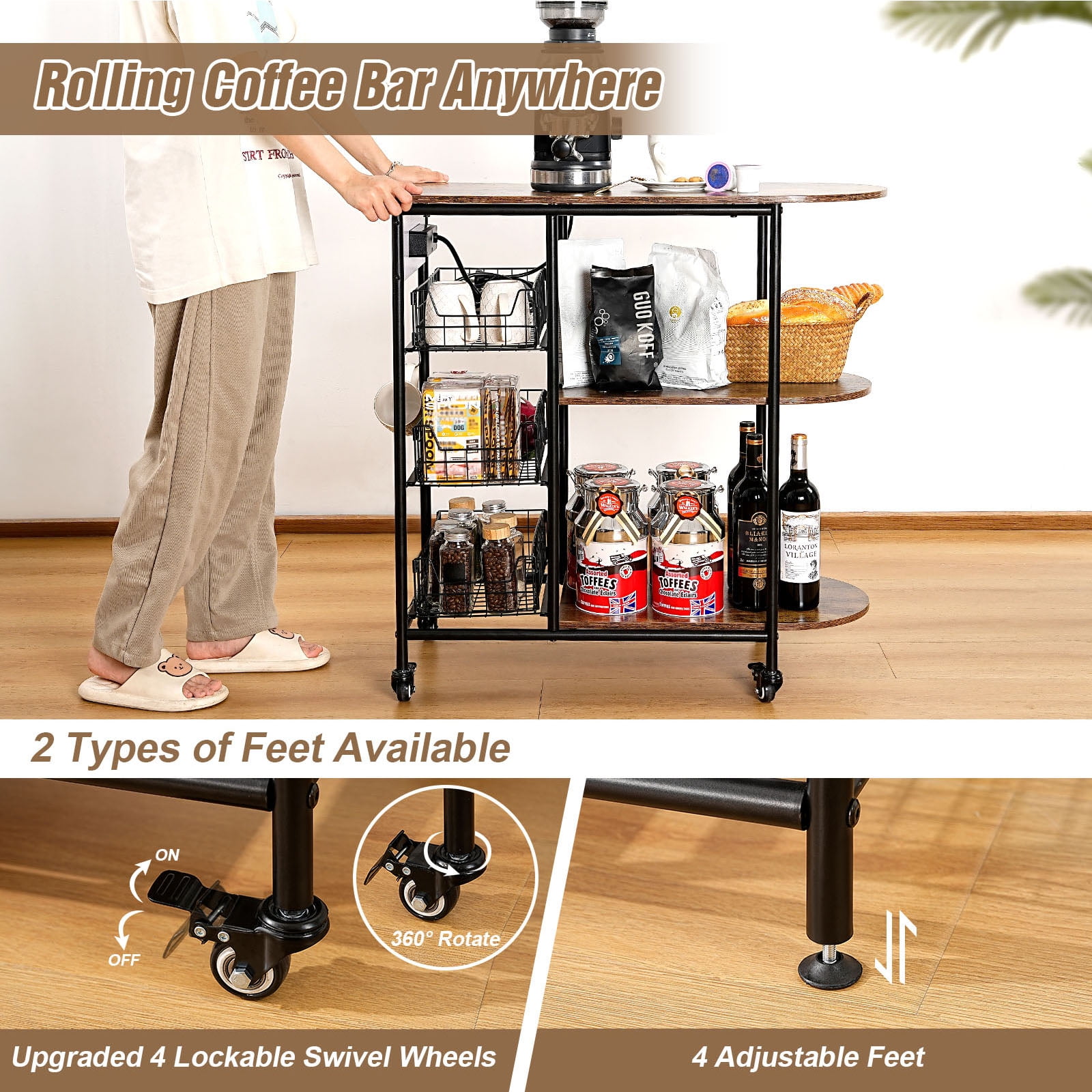 ZZBIQS Bakers Rack with Power Outlet,Rolling Kitchen Island on Wheels for Oven Microwaves,Coffee Bar Table Storage Shelves, 32.7*14.2*33.9 inches,Brown