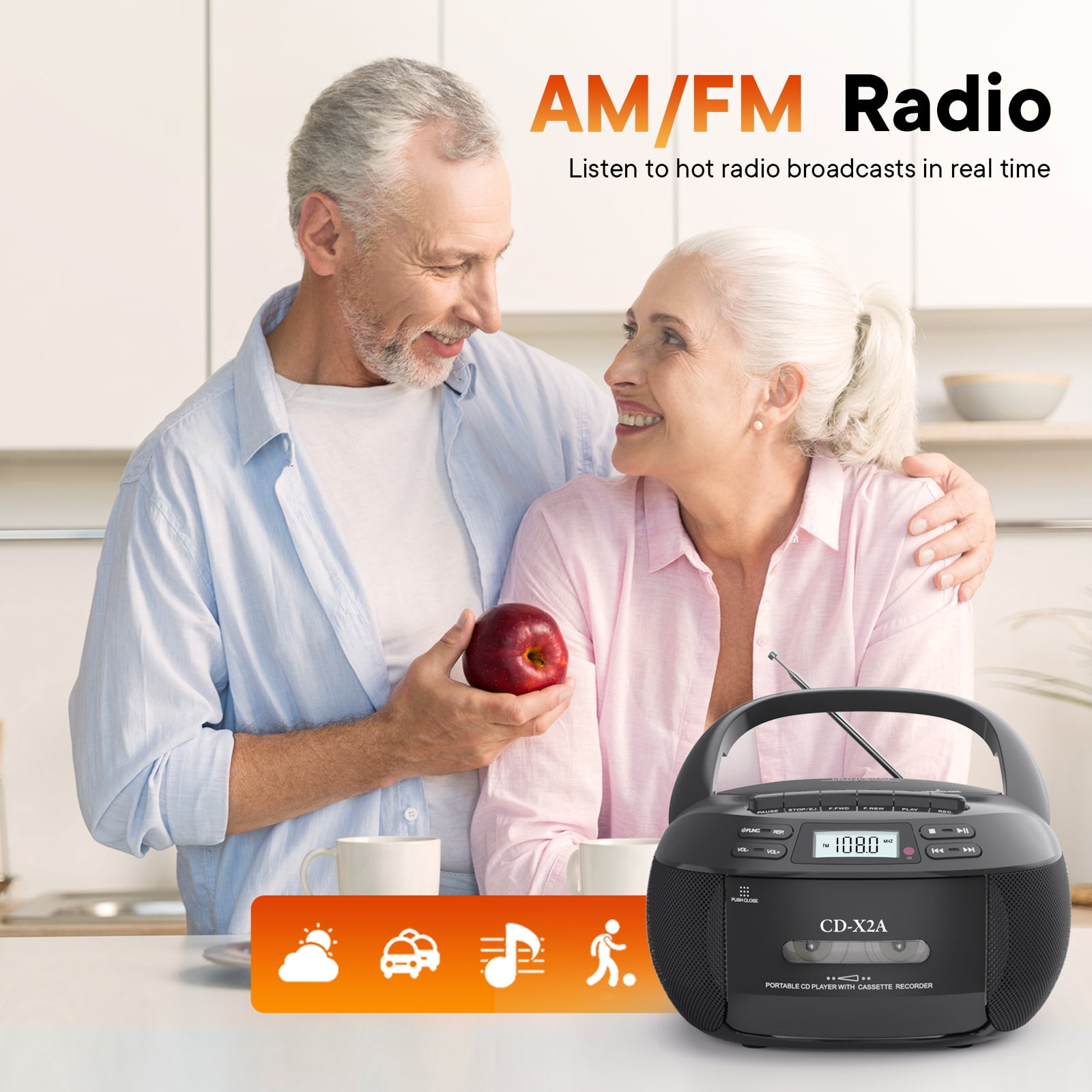 Boombox CD Cassette Player Combo, Boom Box and AM FM Radio with Bluetooth for Home & Outdoor, Stereo Sound with Remote Control, AC/Battery Operated, LCD Display, Support AUX USB Earphone