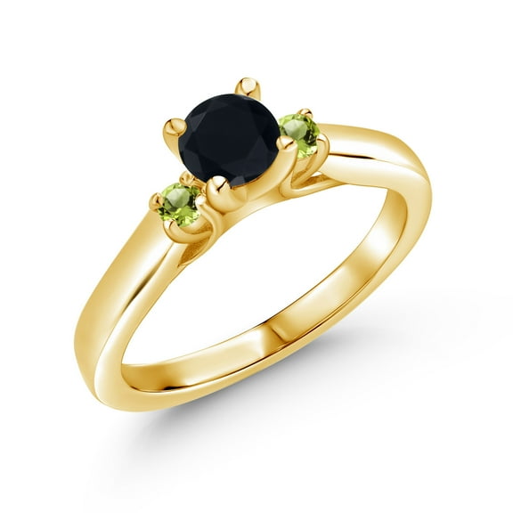 Gem Stone King 18K Yellow Gold Plated Silver Black Onyx and Green Peridot 3-Stone Engagement Ring for Women (0.62 Cttw, Gemstone December Birthstone, Size 9)