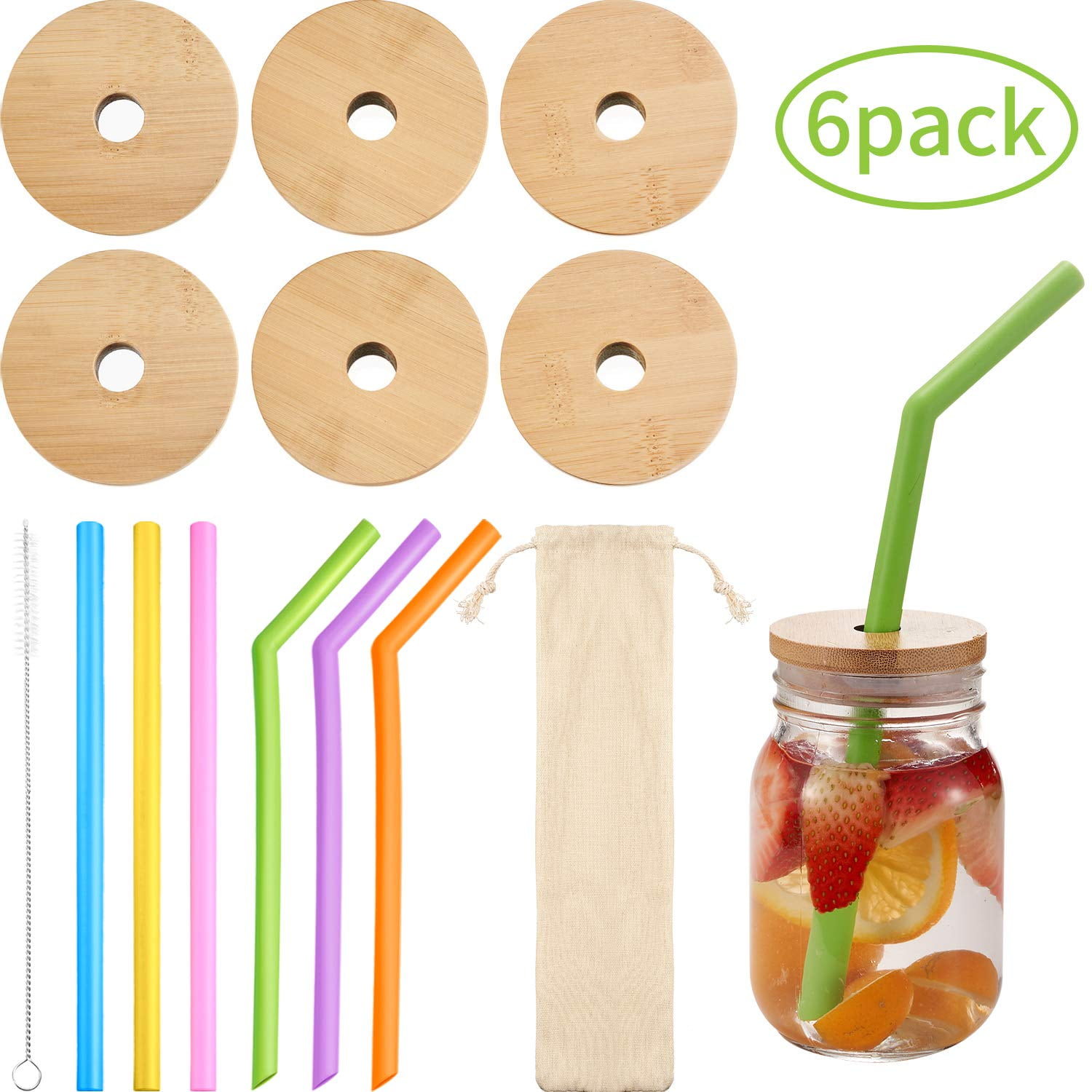 Bamboo Mason Jar Lids Regular Mouth With Straw Hole Regular mouth Natural Mason Jar Lids with 4 Reusable Stainless Steel Straws 