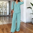 thumbnail image 6 of Zekutng Lounge Sets for Women Loose V-Neck Roll-up Sleeve Linen-Blend Shirt & Elastic Waist Wide Leg Pant Matching Set,Sizes S-3XL, 6 of 7