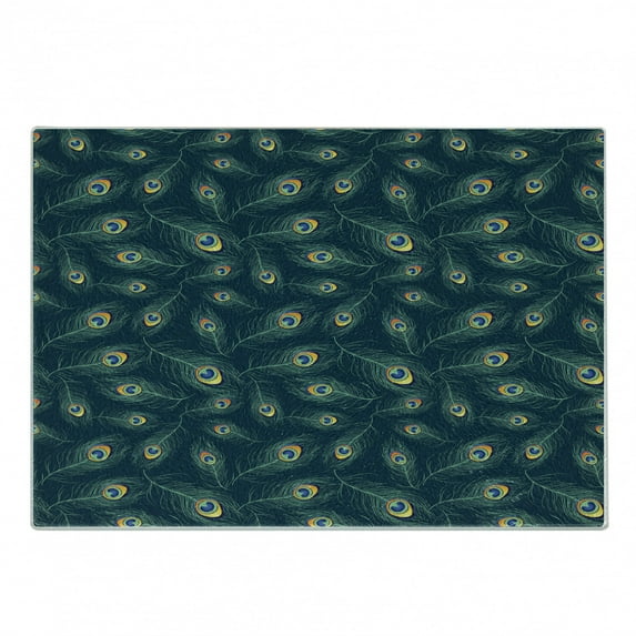 Feather Cutting Board, Colorful Middle Eastern Exotic Peacock Feather Motifs on a Dark Toned Background, Decorative Tempered Glass Cutting and Serving Board, Small Size, Multicolor, by Ambesonne