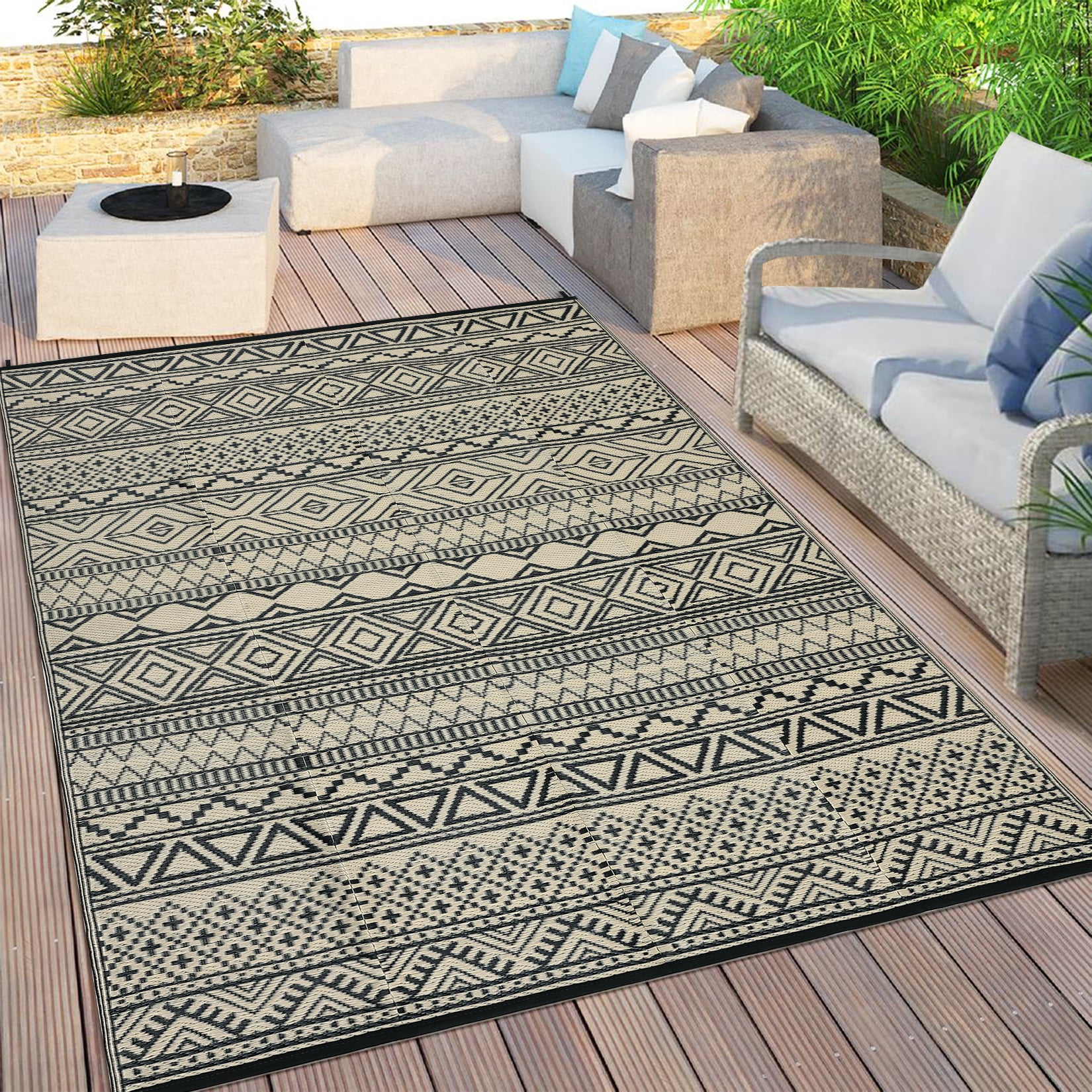Garvee 9'x12' Plastic Outdoor Rugs, Bohemia Waterproof Straw Rug Reversible Indoor Outdoor Carpet for Patio Deck Porch Backyard Camping Picnic Beach, Black & Brown