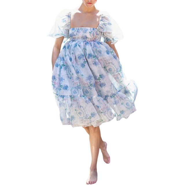 SAYOO Vestido de Mujer, Cuello Cuadrado con Volantes de Verano, Manga Corta abullonada, de una Pieza SAYOO Moda