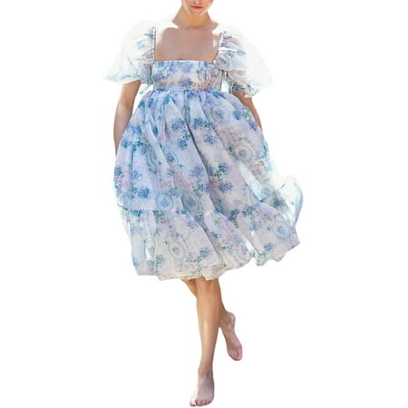 

LSFYSZD Women Floral Print Dress Summer Ruffled Square Collar Short Puff Sleeve One-piece