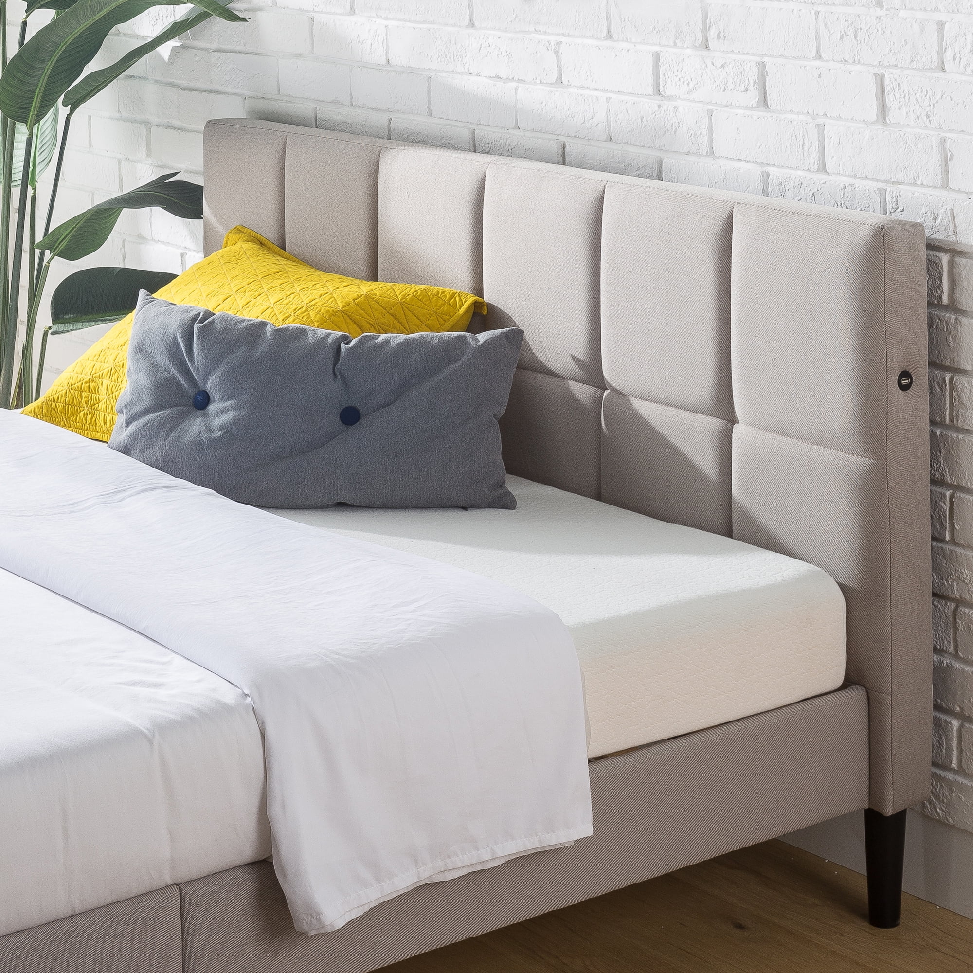 Zinus Lottie 35" Upholstered Platform Bed Frame with USB Ports, Beige, Queen