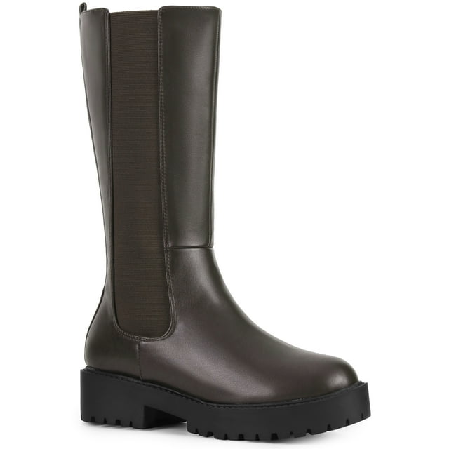 BLISSFUL STEP Women's Boots Mid Calf Chelsea Boots Platform Block Heel Faux Leather Bootss Coffee 9