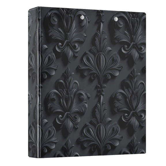 3d Dark Black Damask Hardcover 3 Ring Binder 1.5” Round Rings Letter Size Paper Pockets for School Office Supplies