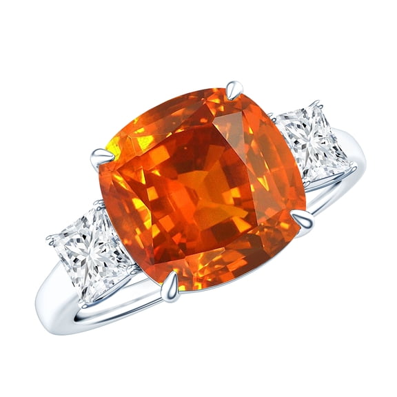 Lab Grown Orange Sapphire Solitaire Ring with Moissanite - AAAA Quality - Cushion Cut - 9 Carat - with Jewelry Box, 925 Sterling Silver, US 4.00
