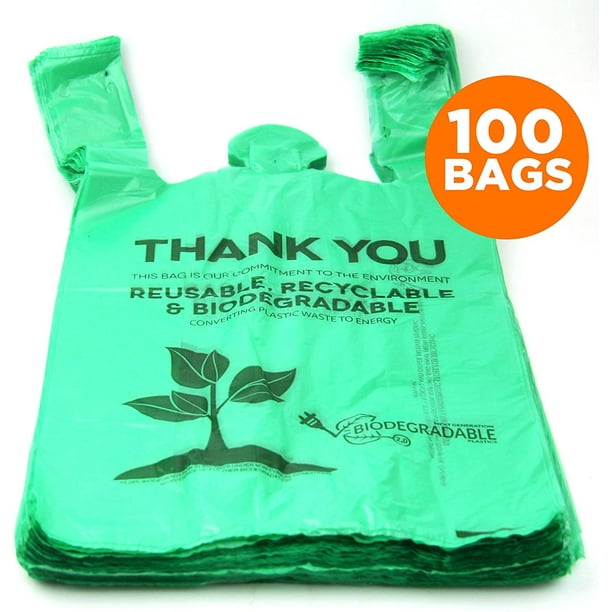 [100 Pack] Biodegradable Reusable Plastic T-Shirt Bag Eco Friendly  Compostable Grocery Shopping Thank You Recyclable Trash Basket Bags