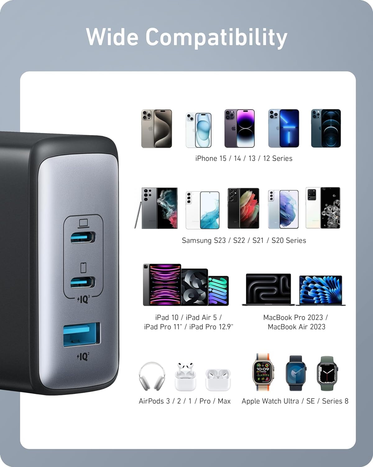 Anker Nano 100W USB-C Charger, 3-Port Fast Compact GaN Charger, Compatible for MacBook Pro/Air, ThinkPad, Dell, iPad Pro, iPhone 15 Series, Galaxy S23, and More (USB-C to USB-C Cable Included)