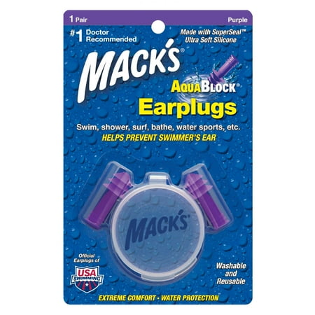 Mack's AquaBlock Swimming Earplugs, 1 Pair - Comfortable, Waterproof, Reusable Silicone Ear Plugs for Swimming, Snorkeling, Showering, Surfing and Bathing (Purple)