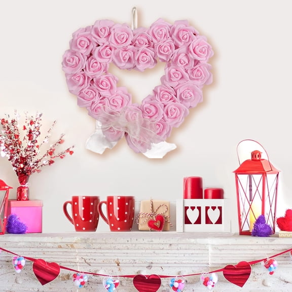 Valentine's Day Floral Wreath, Heart Shaped Red Rose Garland, Wedding and Engagement Door Decoration for Special Occasions and Parties
