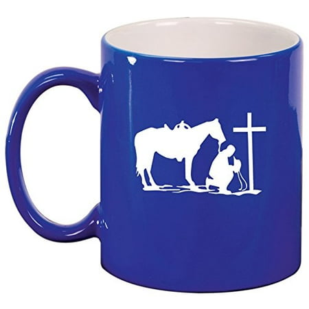 

Ceramic Coffee Tea Mug Cup Cowboy Praying Cross Horse (Blue)