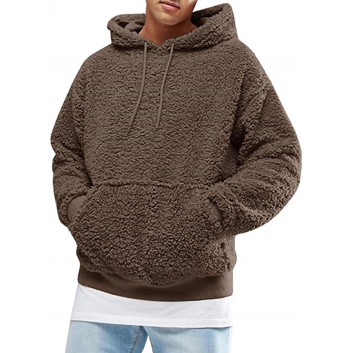 Mens Casual Fluffy Hoodie Long Sleeve Faux Shearling Hooded Sweater Winter Coat