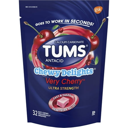 TUMS Antacid, Chewy Delights Very Cherry Ultra Strength Soft Chews for Heartburn Relief, 32 count